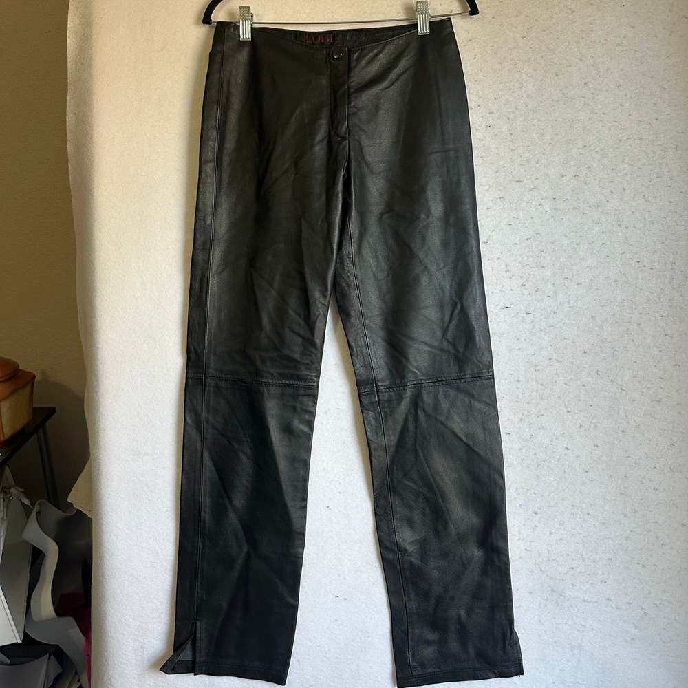 LOBI Black Genuine Leather Straight Leg Pants Size 4 Seam Detail Slit Hem